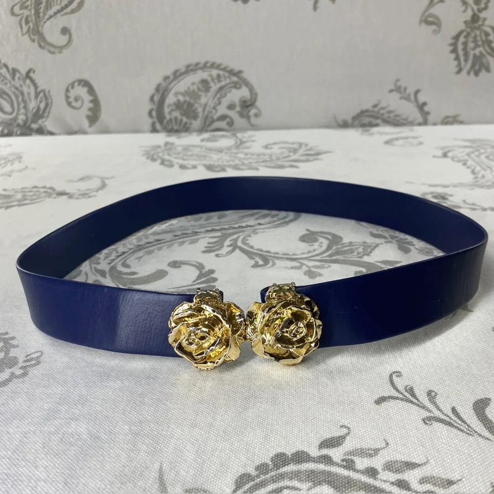 Vintage Rose Belt & Buckle Two Piece Interlocking 1970s 80s Goldtone‎ SM/ MED